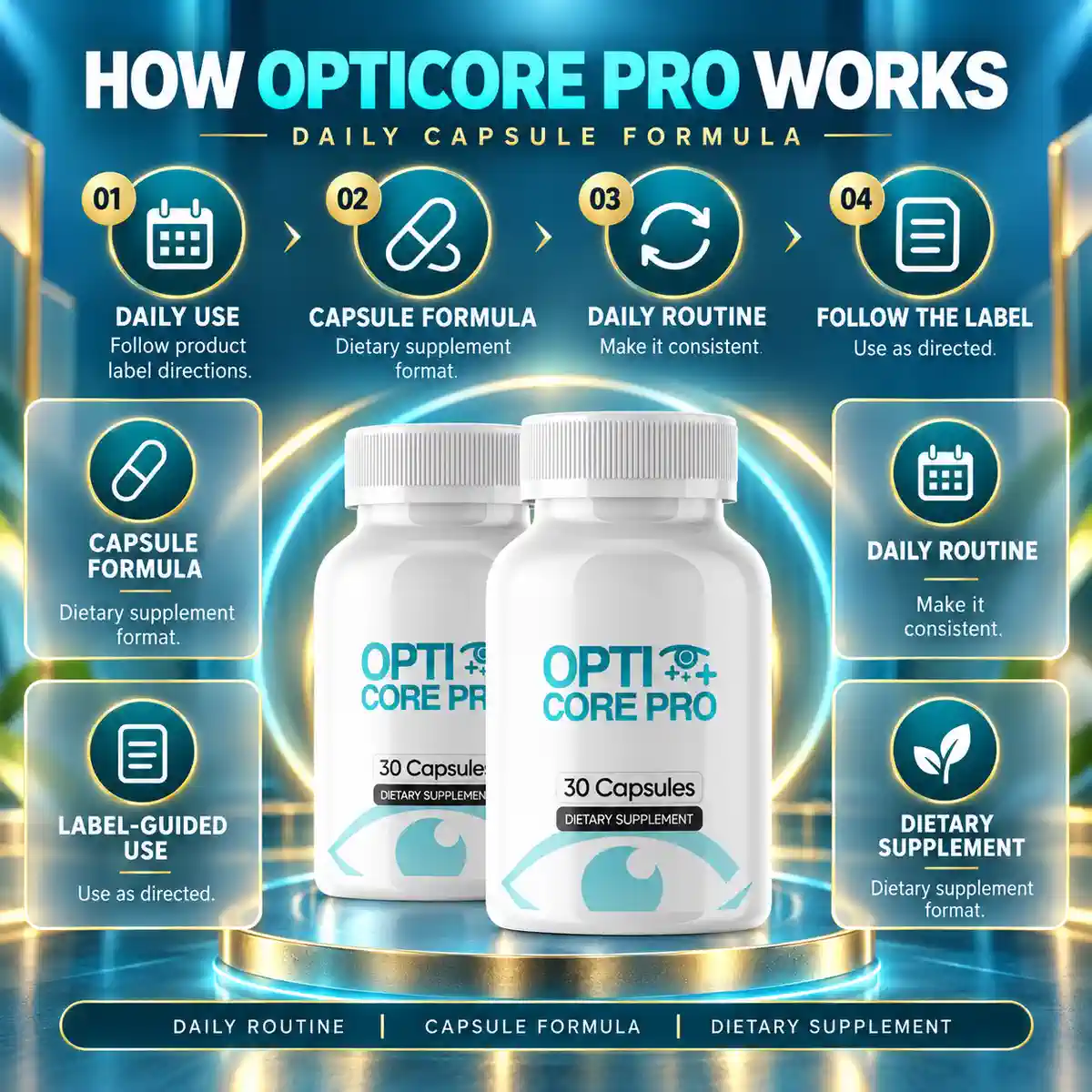 Seller graphic titled How OptiCore Pro Works, with two OptiCore Pro bottles and four steps: daily use, capsule formula, daily routine and follow the label