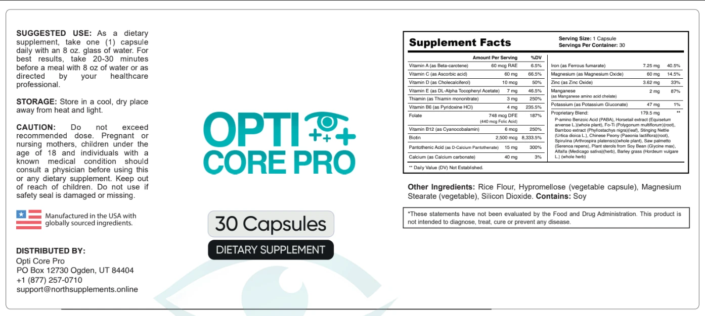 OptiCore Pro Wide Supplement Facts Panel Displaying Ingredients and Dosing